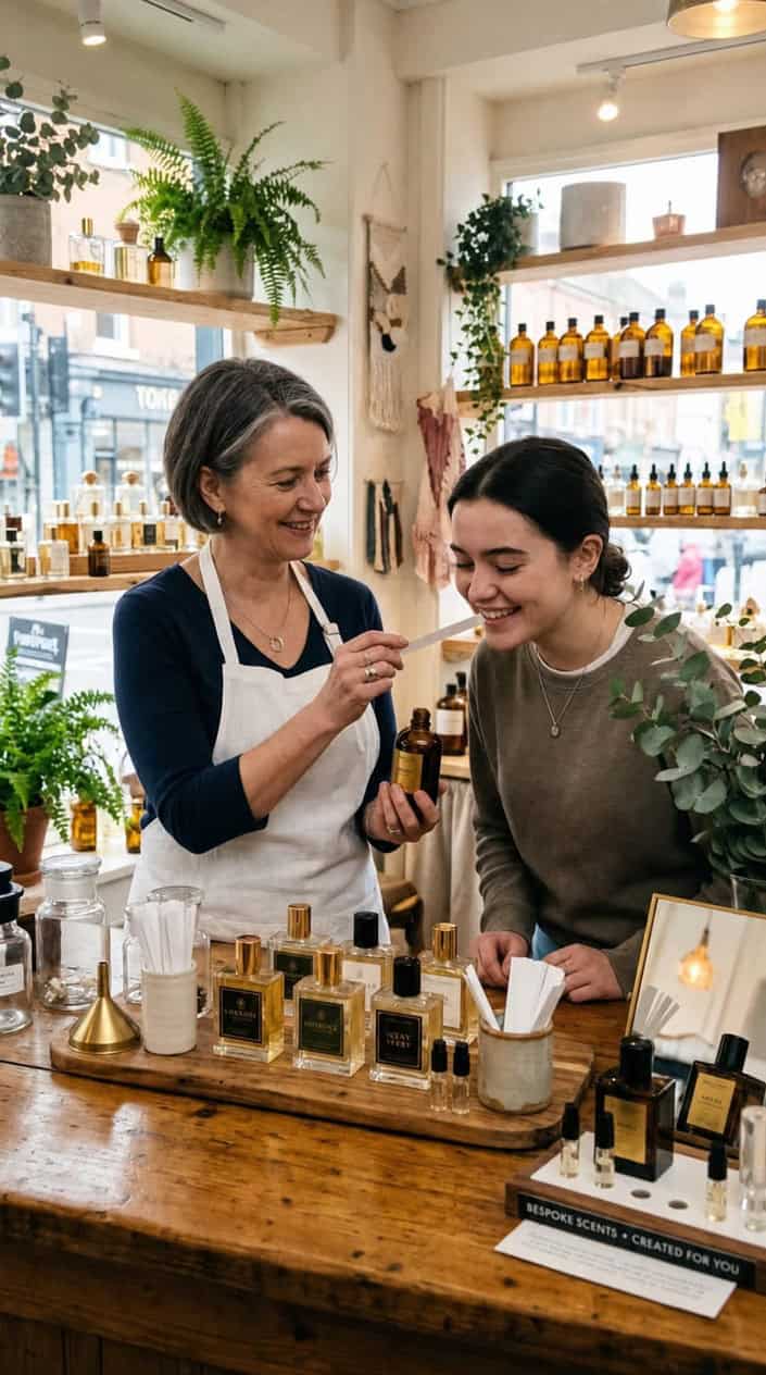 A local perfumer consulting a young woman in a boutique, showing her perfume bottles and scent samples on a wooden counter.