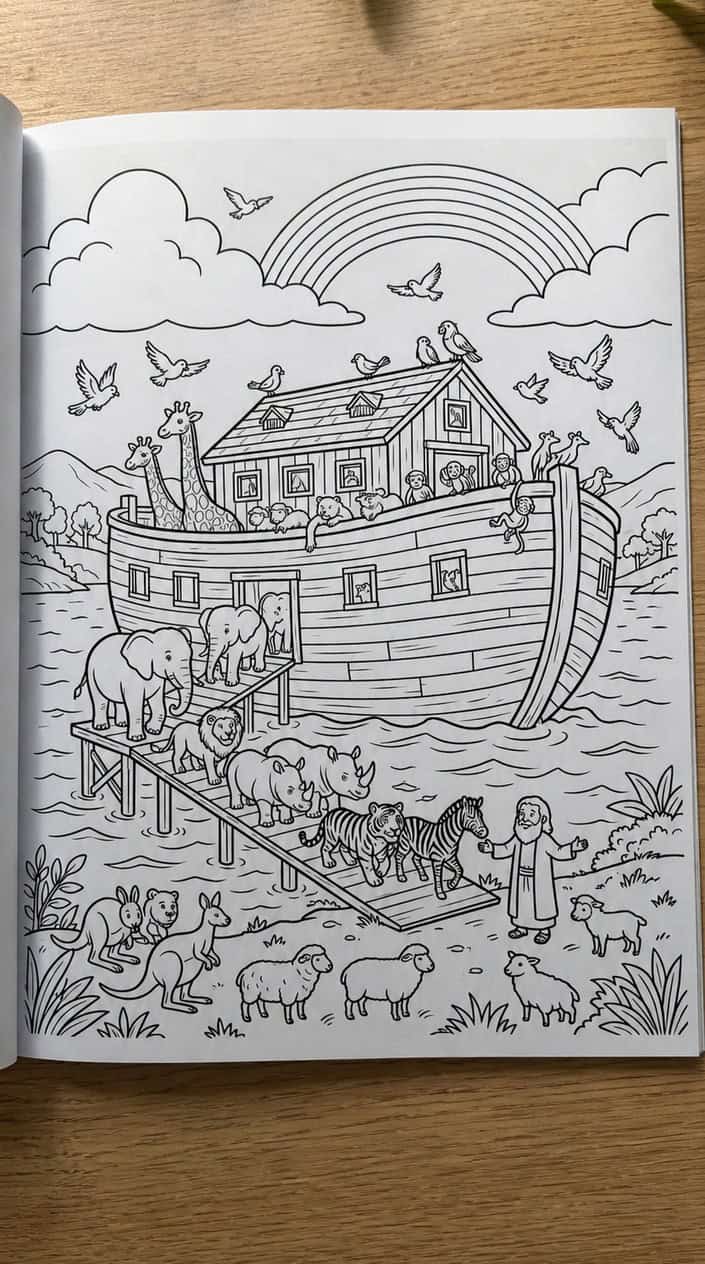 Noah's Ark floating on water with pairs of animals boarding, surrounded by hills and a rainbow.
