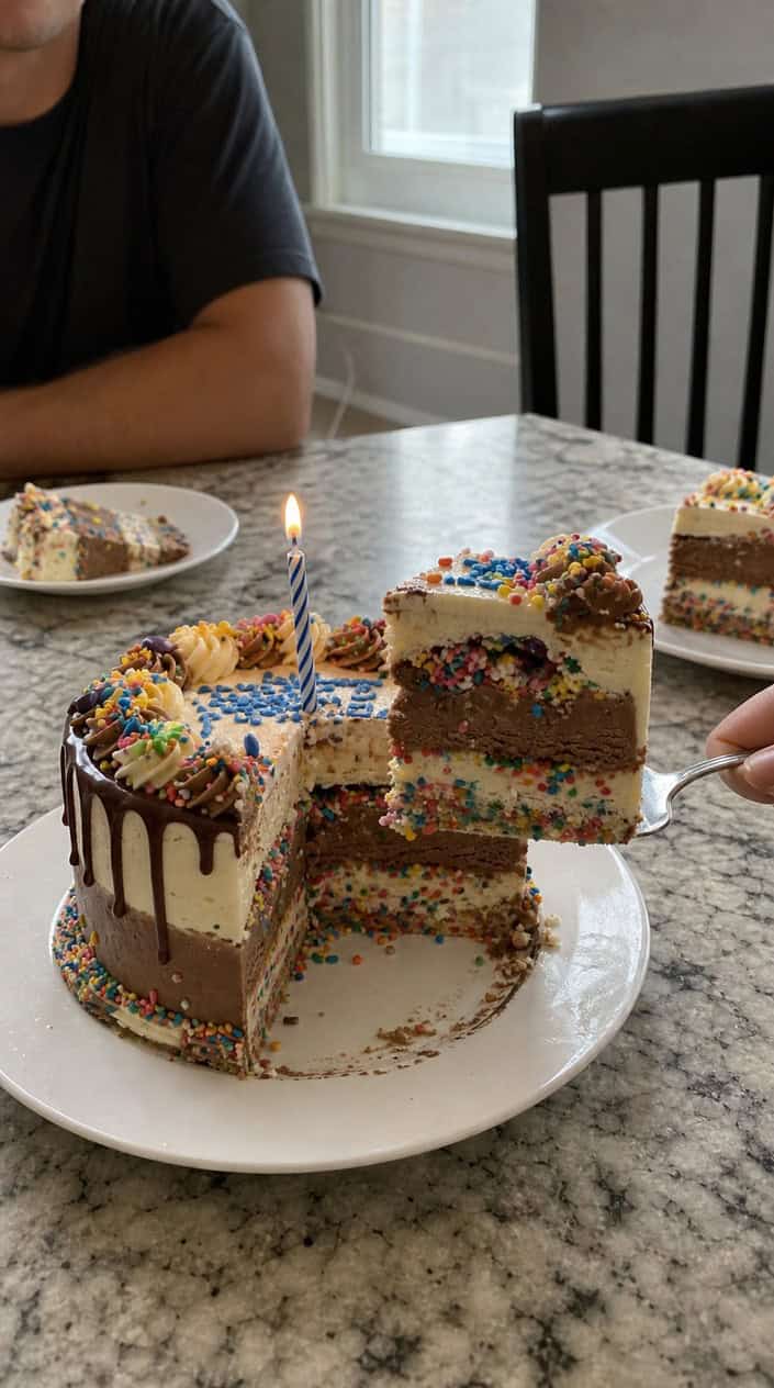A birthday ice cream cake with a lit candle and colorful sprinkles inside on a plate outdoors with party decorations in the background.