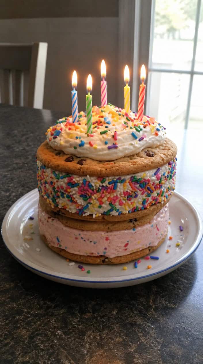 A colorful ice cream sandwich cake topped with multicolored confetti sprinkles on a wooden table with birthday party decorations in the background.