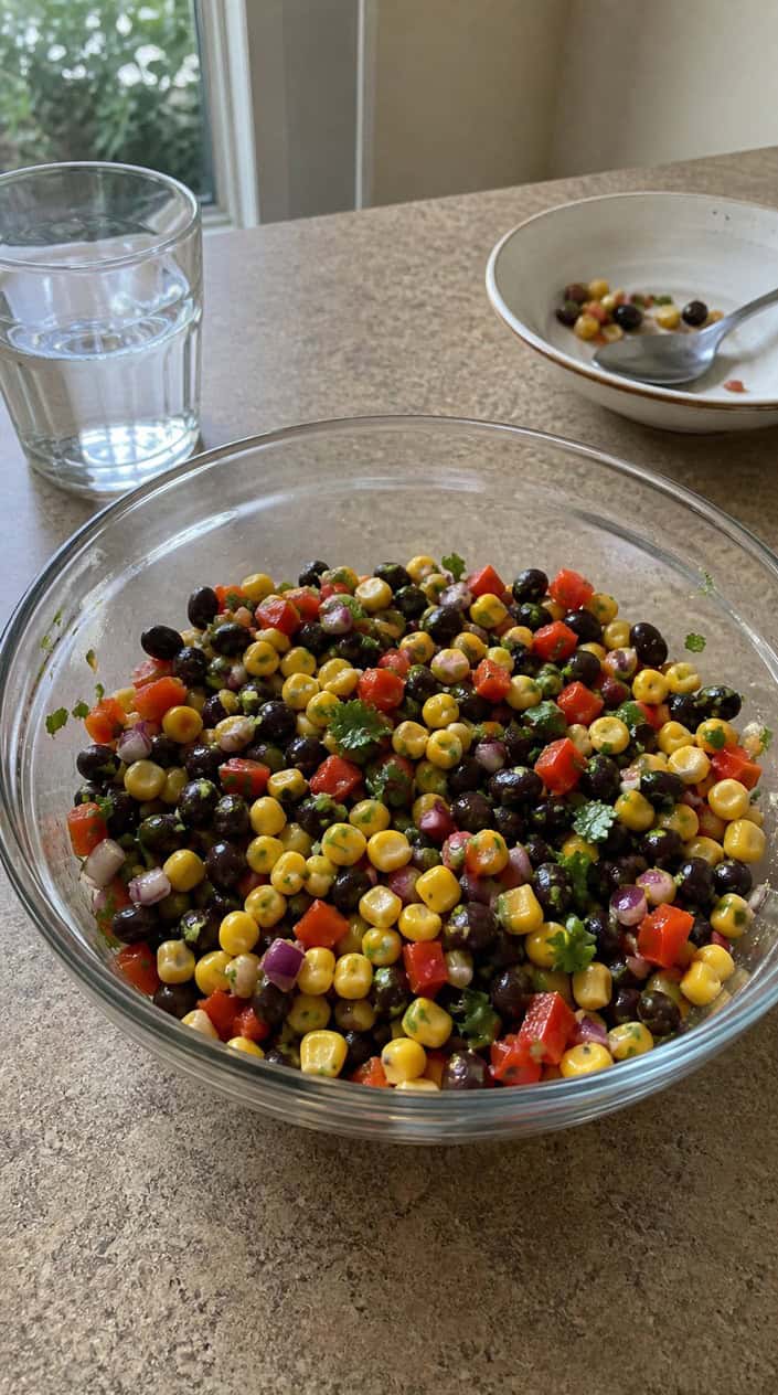A bowl of black bean and corn salad with cilantro and lime dressing on a wooden table.