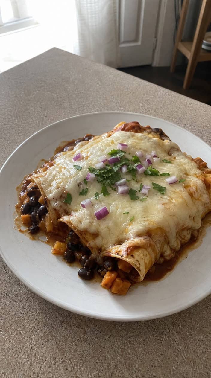 A plate of black bean and sweet potato enchiladas topped with cheese and cilantro on a wooden table with fresh ingredients around it.