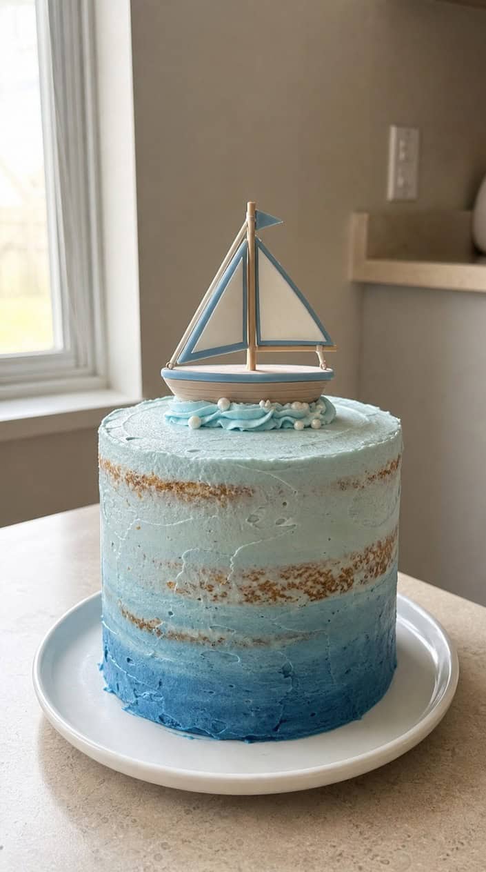 A blue ombré naked smash cake with a fondant sailboat topper on a white cake stand.