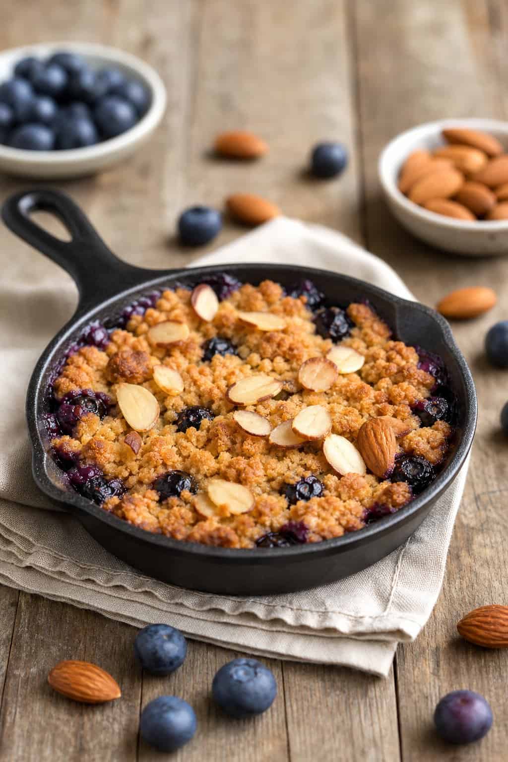 A small cast iron skillet filled with bubbling purple blueberry filling under a golden crumble topping of chopped almonds and almond flour, set on a wooden surface with a handful of fresh blueberries scattered beside it.