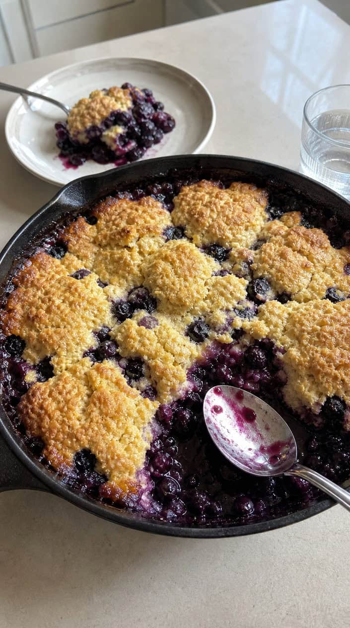 A freshly baked blueberry-lemon cobbler in a cast iron skillet on a wooden table with Fourth of July decorations in the background.