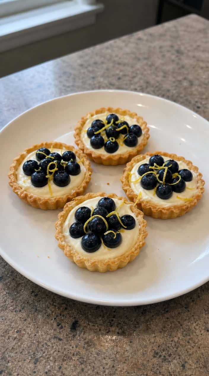 Close-up of blueberry lemon mascarpone tartlets on a wooden board with fresh blueberries and lemon slices around them.