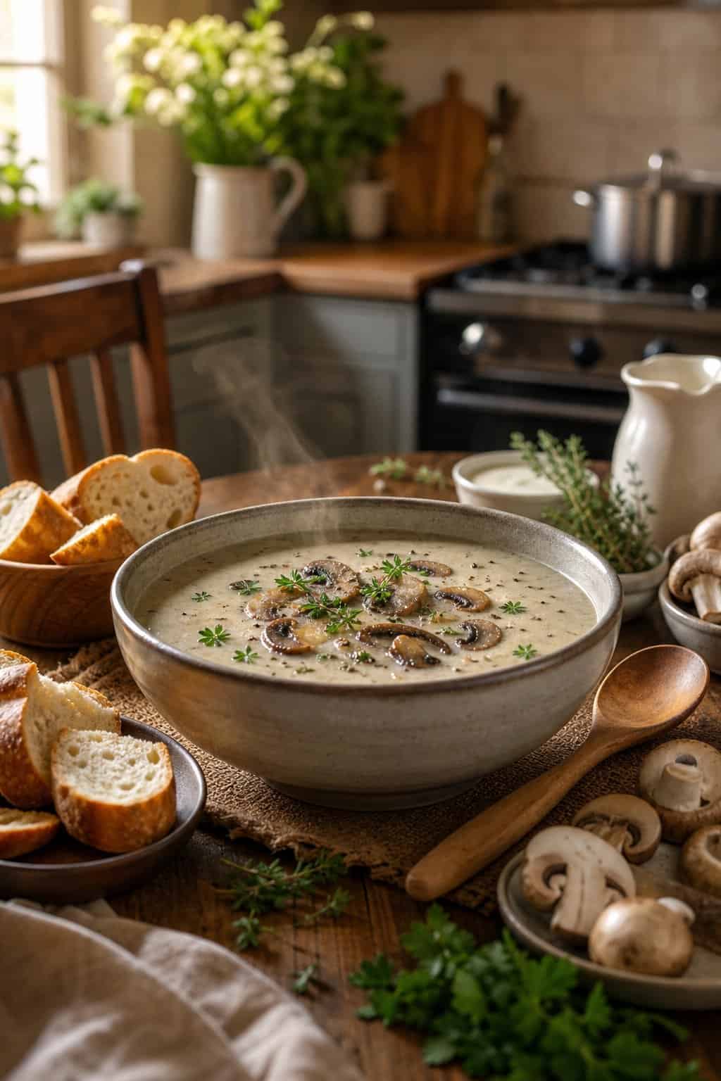 A bowl of creamy mushroom soup on a wooden table surrounded by bread and fresh mushrooms in a cozy kitchen setting.