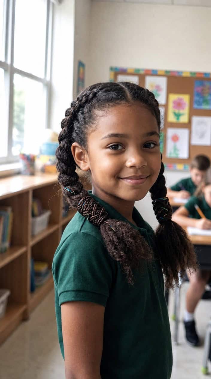A young girl smiling indoors with neatly braided pigtails wrapped with braided elastics.