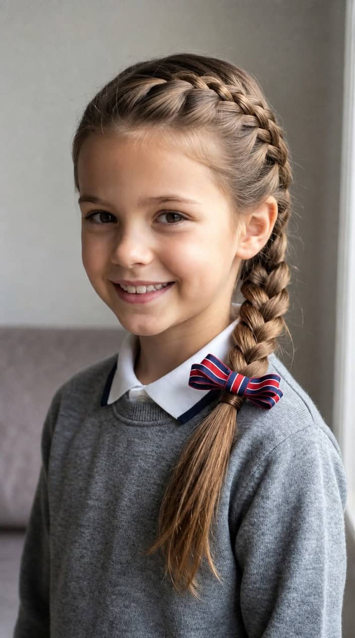 A young girl with a braided ponytail tied with a ribbon, smiling against a plain background.