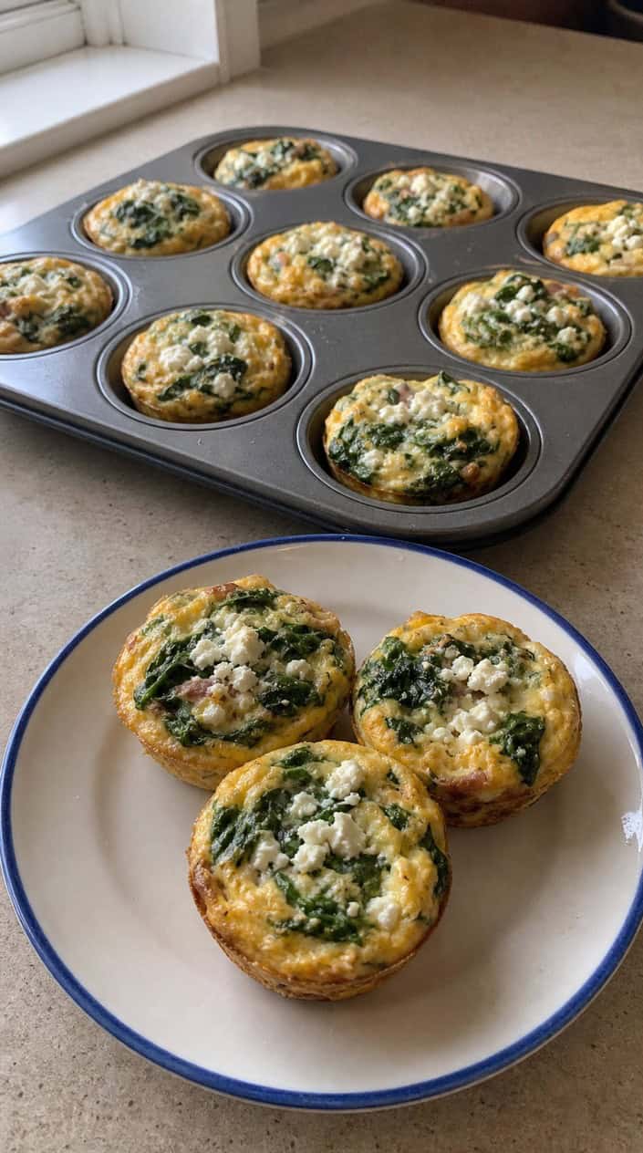 A close-up of golden breakfast egg muffins with spinach and feta on a wooden board, surrounded by fresh spinach leaves and feta cheese.