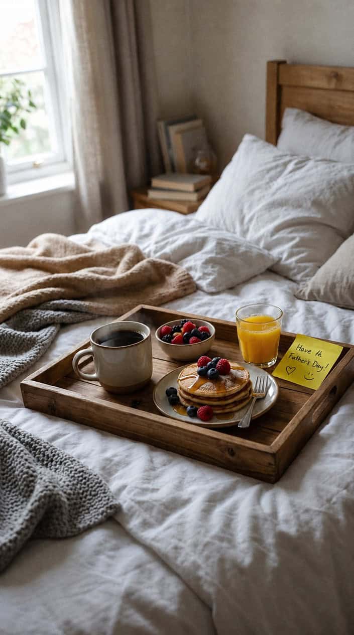 A breakfast tray with coffee, pancakes, orange juice, and a colorful sticky note on a bed with white linens.