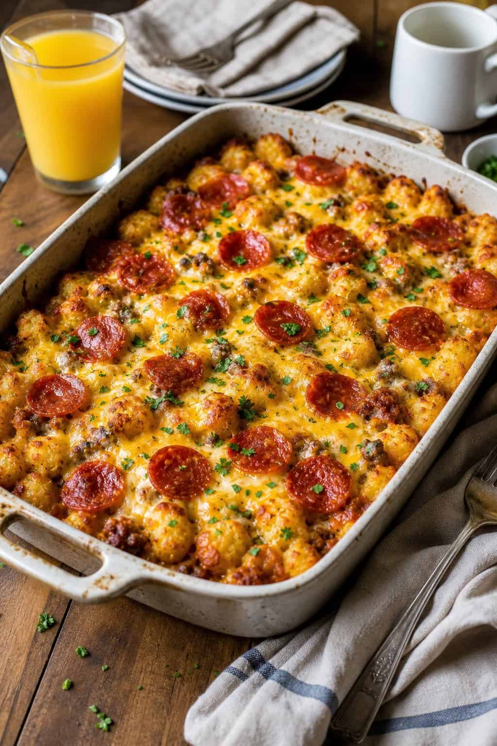 A breakfast casserole with tater tots, melted cheese, and pepperoni in a baking dish on a wooden table with a glass of orange juice nearby.