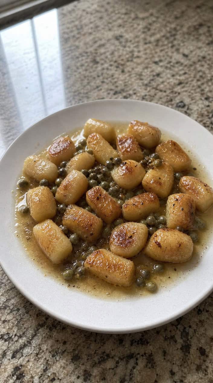 A wide bowl of gnocchi in an amber-tinted brown butter sauce with dark green capers and thin strips of lemon zest, finished with chopped parsley and a light dusting of Parmesan.