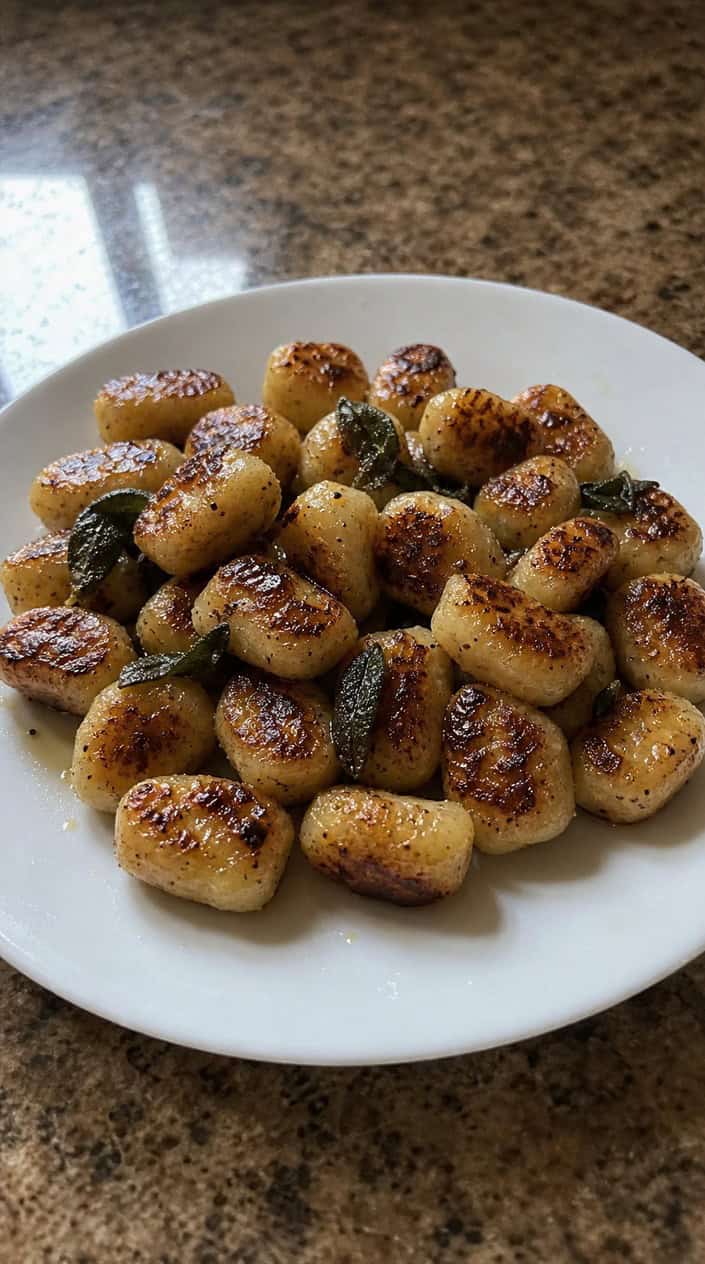 Golden-edged gnocchi glistening with browned butter in a white ceramic skillet, scattered with dark green crisped sage leaves and a dusting of finely grated Parmesan.