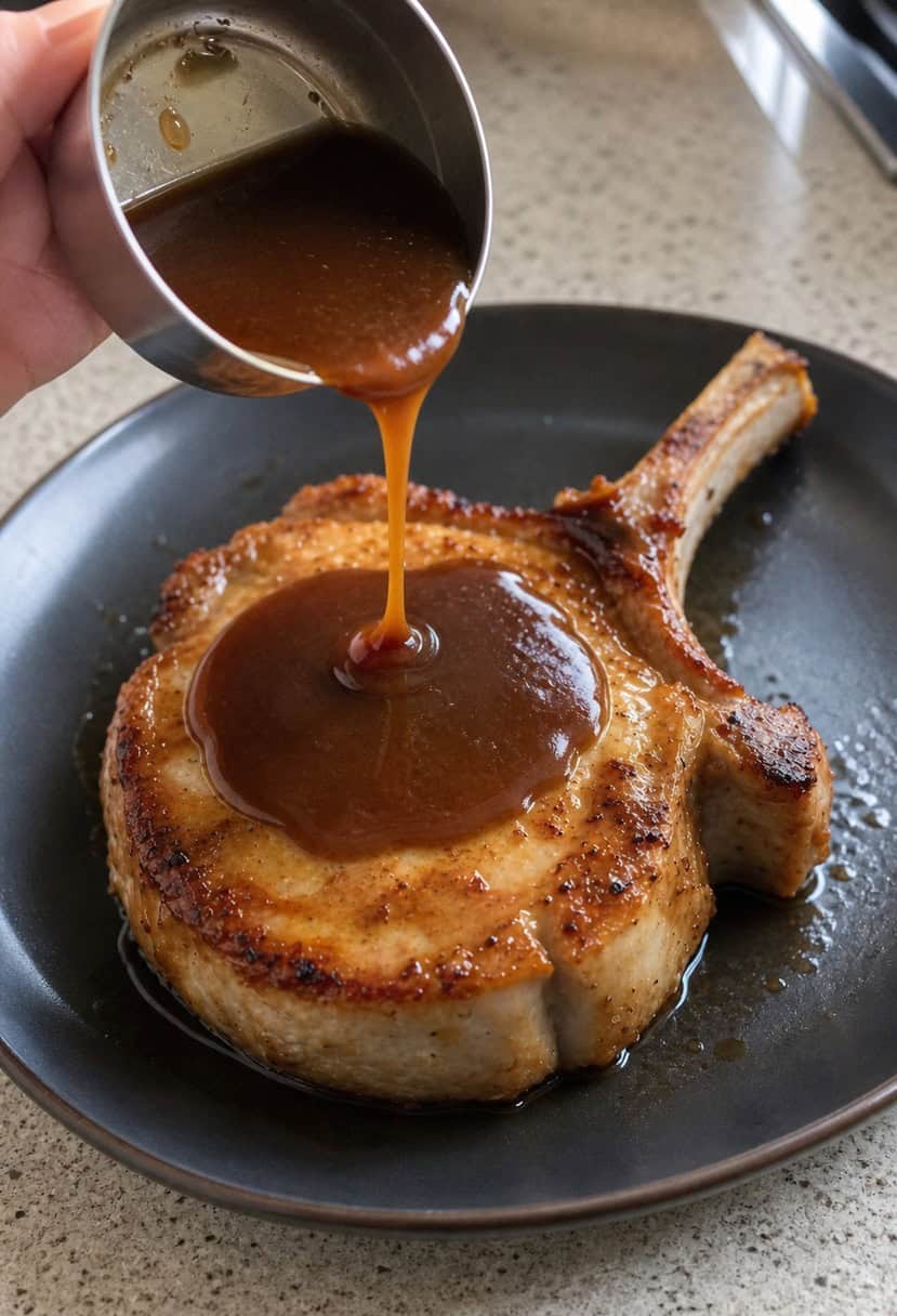 A sizzling pork chop being glazed with a rich brown sugar balsamic sauce in a hot skillet