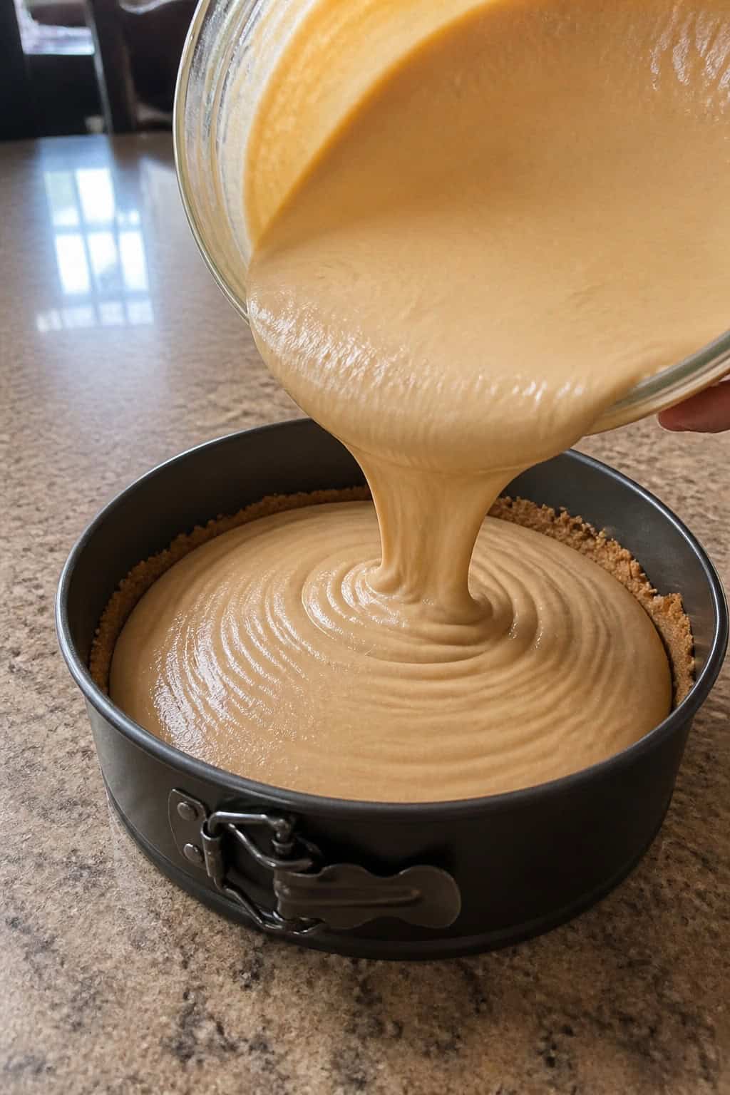 A close-up of brown sugar bourbon cheesecake filling being poured into a pan with baking ingredients on a wooden countertop.