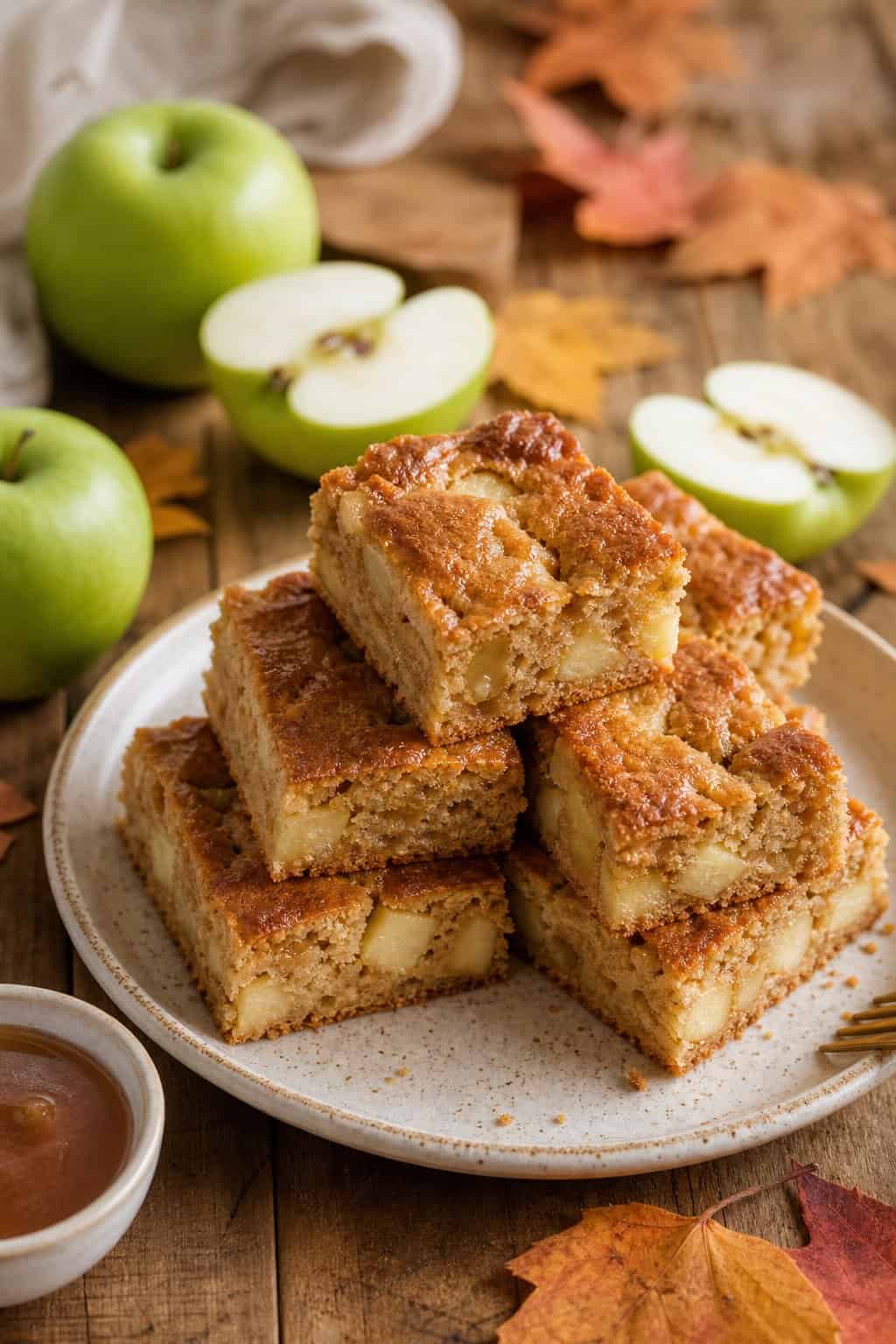 A plate of browned-butter apple blondies with apple chunks on a wooden table, surrounded by fresh apples and autumn leaves.