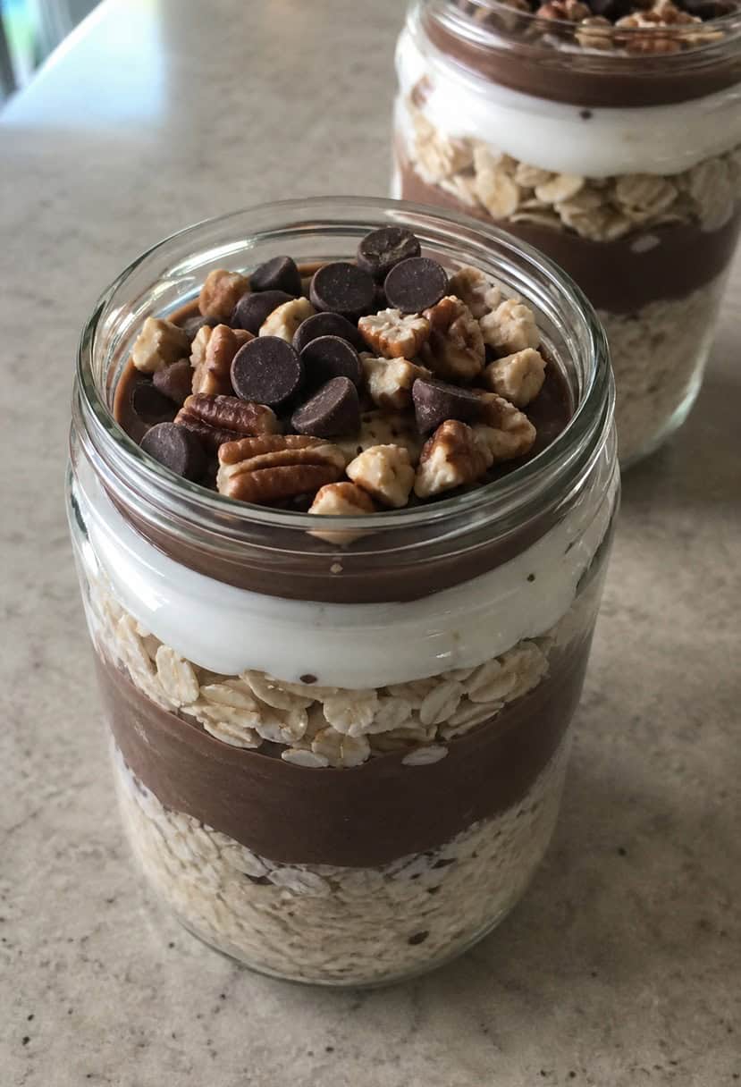 A glass jar filled with layers of oats, yogurt, and cocoa, topped with nuts and chocolate chips, surrounded by scattered ingredients