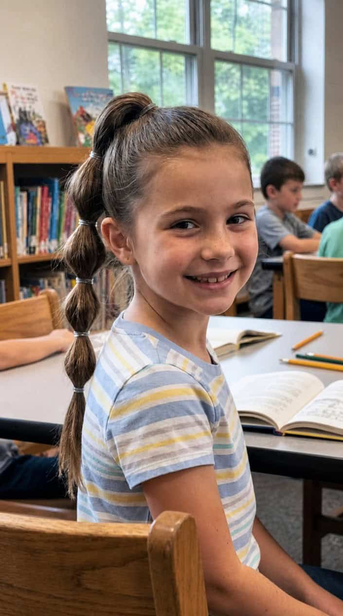 A young girl with a bubble braid ponytail smiling in a bright school setting.