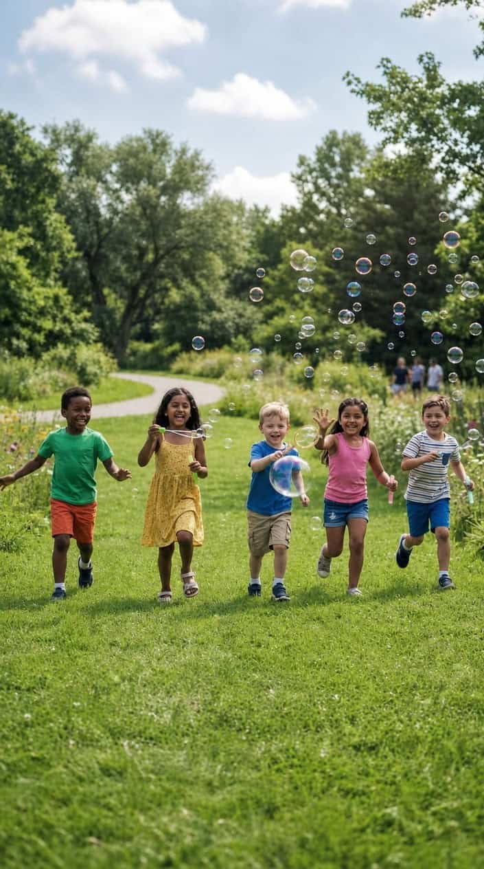 Children running and chasing bubbles outdoors with different sized bubble wands on a sunny day.