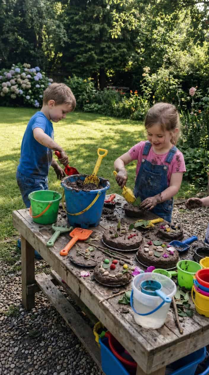 Outdoor children's mud pie station with buckets, spades, and mud shaped like pies on a wooden table surrounded by garden greenery.