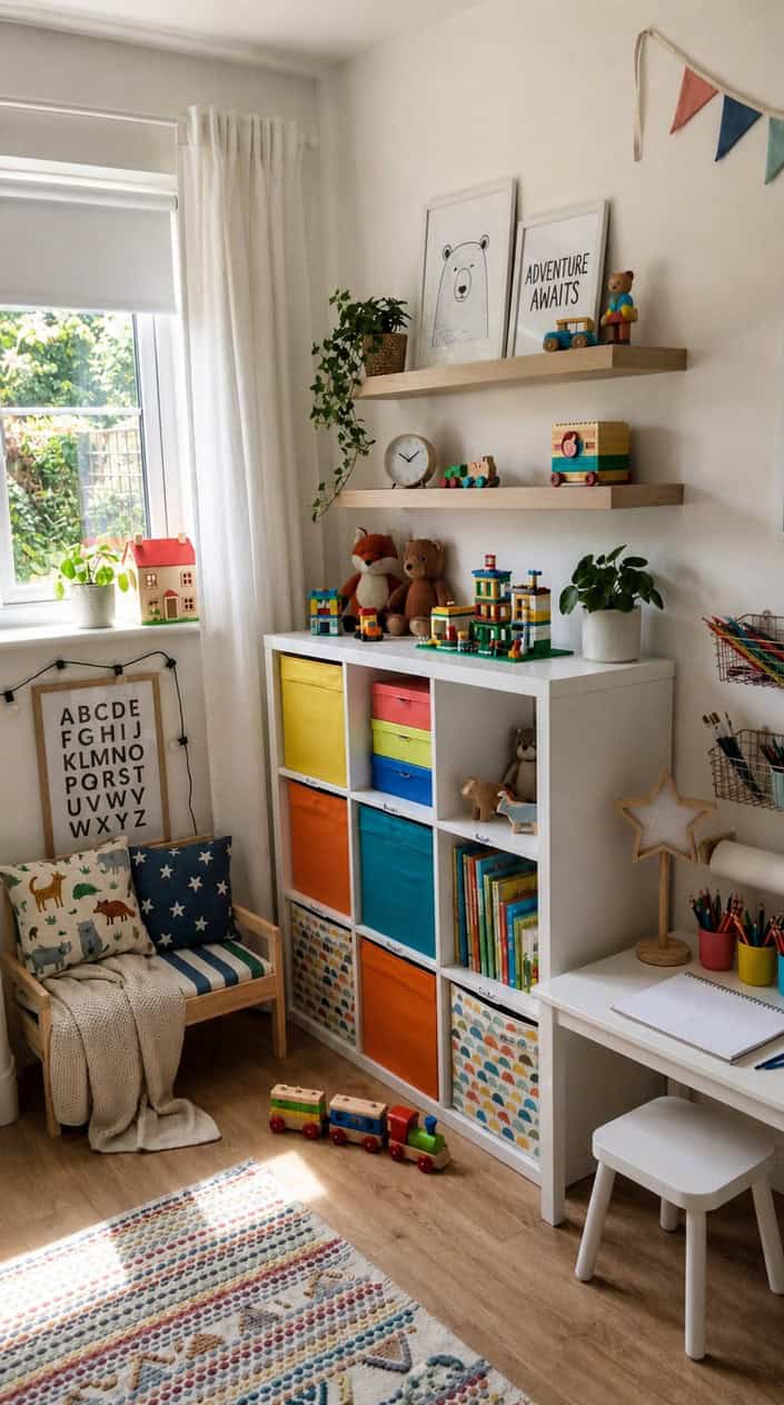 A children's room with a white Kallax shelf filled with colorful bins and toys, a small desk with craft supplies, and a cozy reading nook by a window.