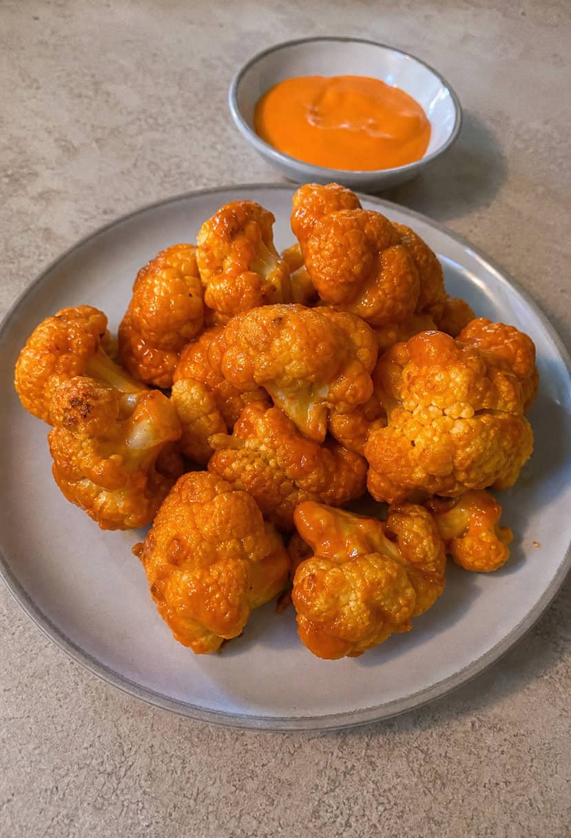 A plate of crispy buffalo cauliflower bites surrounded by various appetizers on a wooden serving board