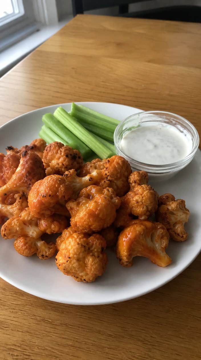 A plate of buffalo cauliflower tenders with celery sticks and dipping sauce on a table.