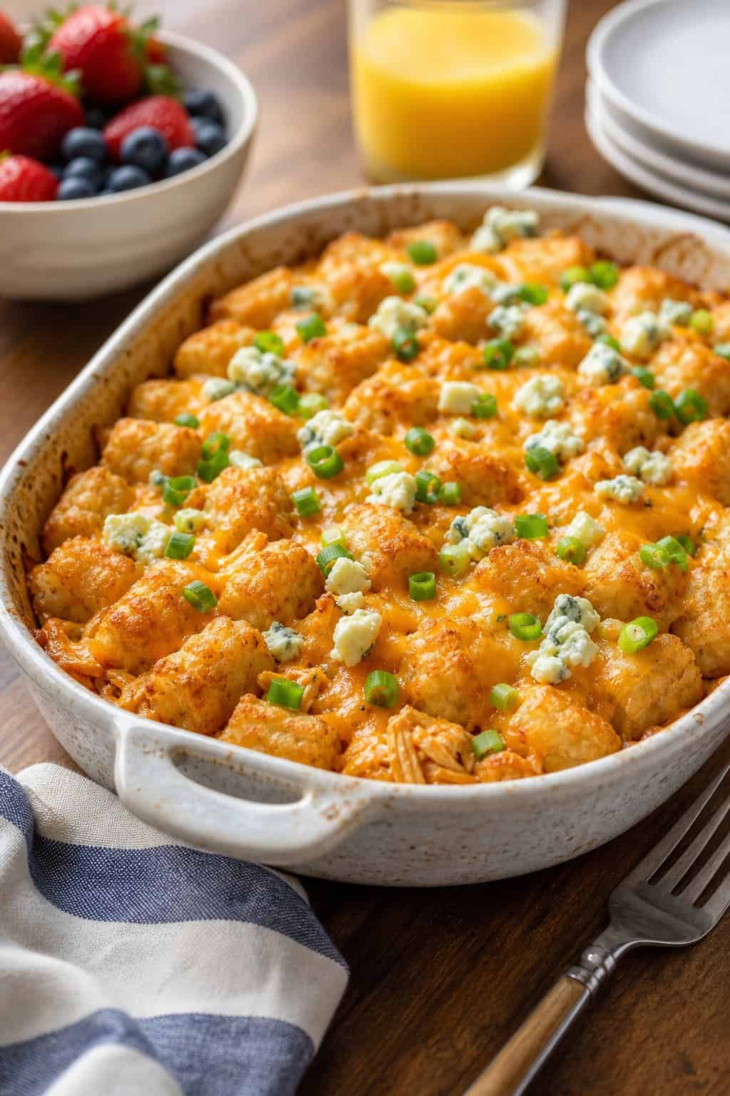 A baked breakfast casserole with tater tots, buffalo chicken, and blue cheese in a ceramic dish on a wooden table.