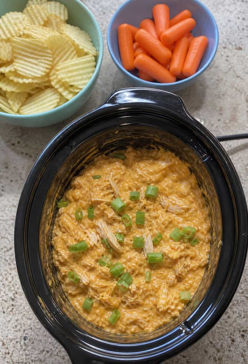 A bubbling crockpot filled with creamy buffalo chicken dip, surrounded by colorful ingredients and a stack of recipe cards