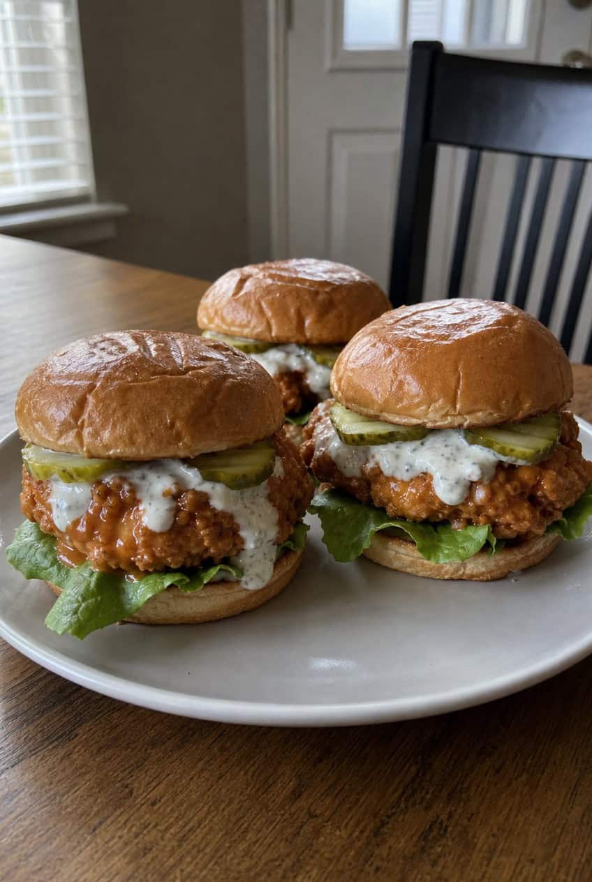 Three buffalo chicken sliders on a wooden serving board with shredded lettuce and drizzled sauce, flanked by crisp celery sticks and a small ramekin of blue cheese dip.