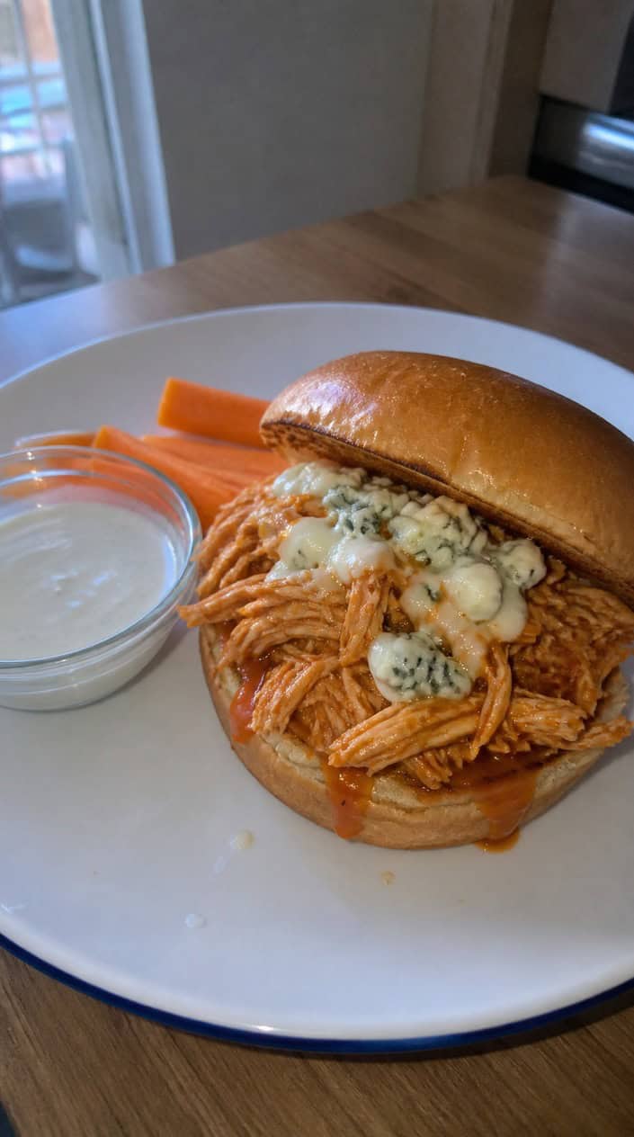 A buffalo chicken sloppy joe with visible blue cheese crumbles on a toasted sesame bun, served alongside celery and carrot sticks and a small ramekin of creamy blue cheese dressing.
