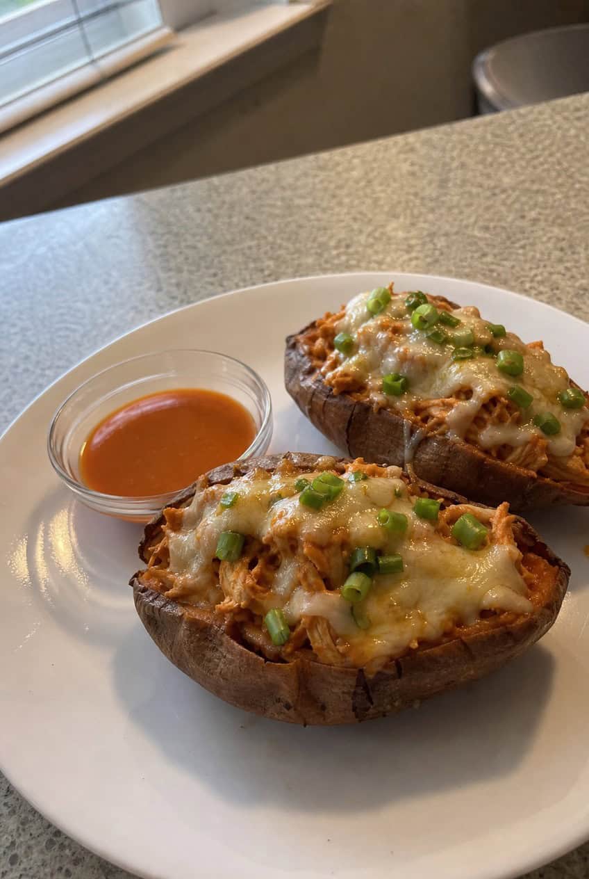 Two halved sweet potatoes stuffed with saucy buffalo chicken and melted cheese, topped with sliced green onions and served on a wooden board with celery sticks and a ramekin of buffalo sauce alongside.