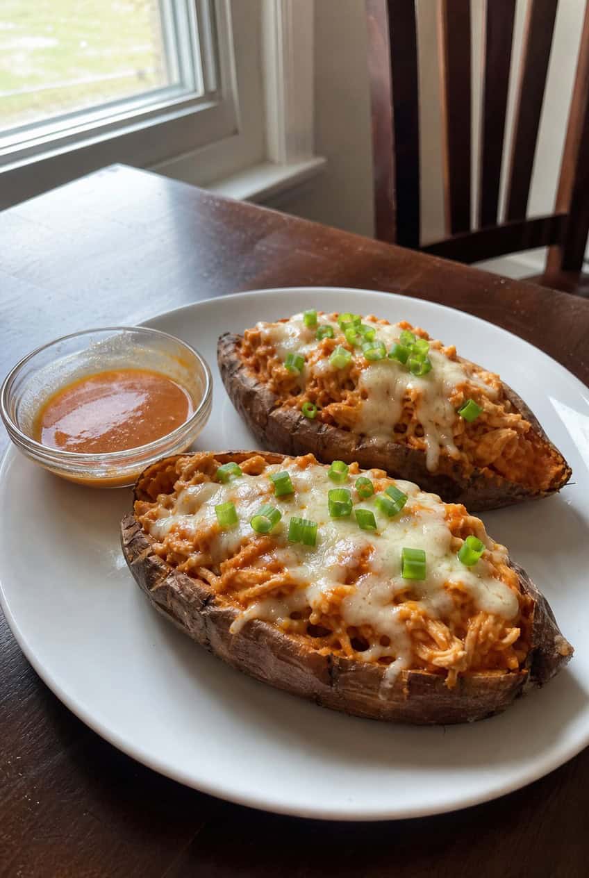 Two halved sweet potatoes stuffed with saucy buffalo chicken and melted cheese, topped with sliced green onions and served on a wooden board with celery sticks and a ramekin of buffalo sauce alongside.