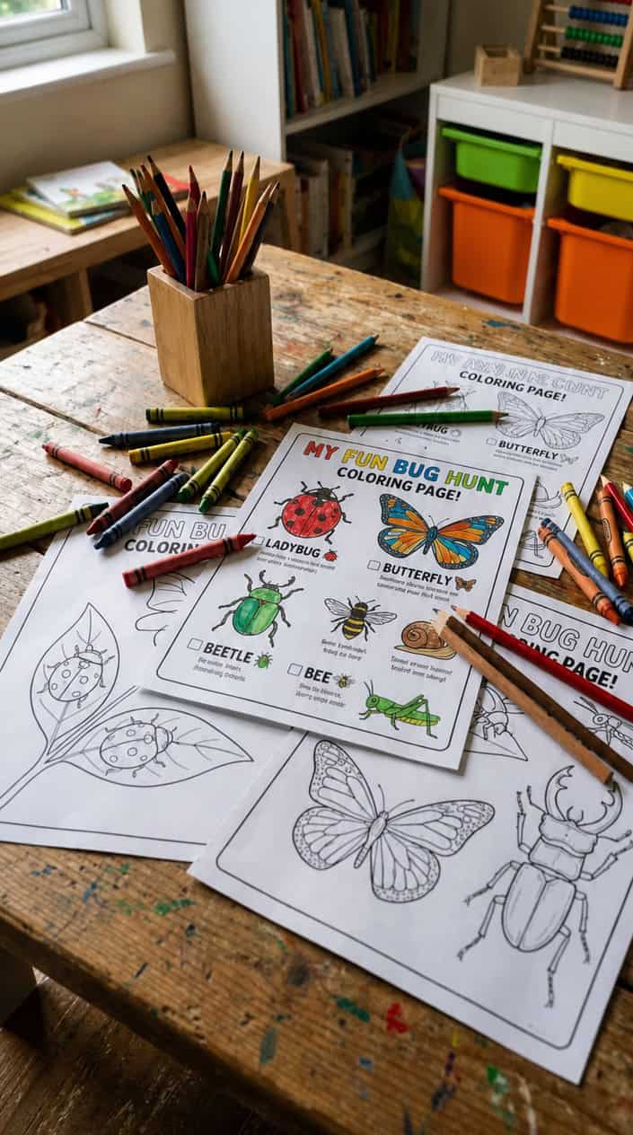 A table with printable coloring sheets of ladybugs, butterflies, and beetles surrounded by crayons and colored pencils.