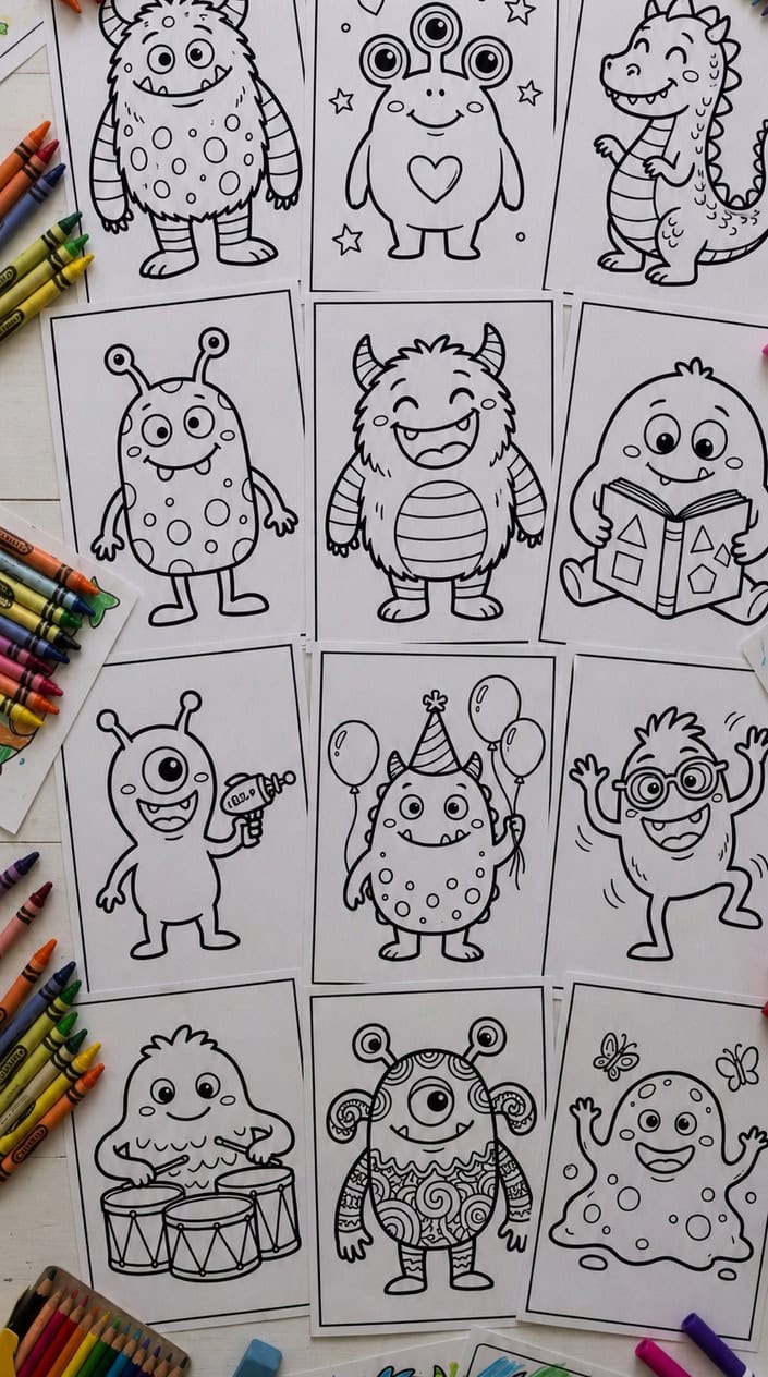 A collage of black and white monster coloring pages surrounded by crayons and colored pencils on a white surface.