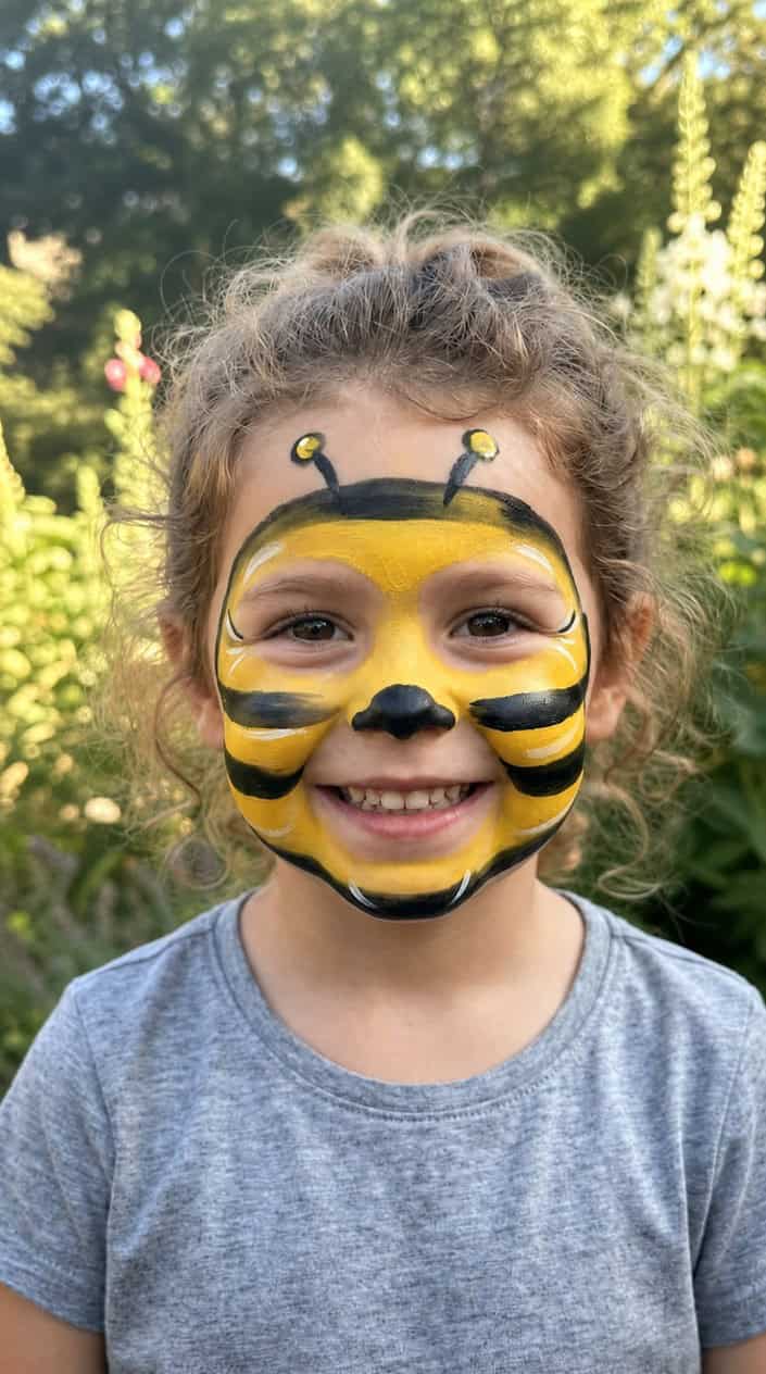 Close-up of a smiling child with face paint designed like a bumblebee, showing yellow and black stripes on their face.