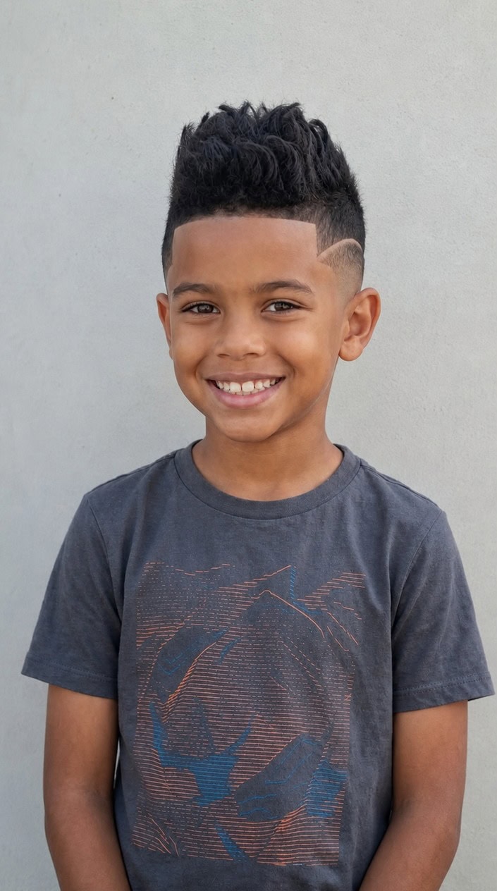 A young boy smiling with a short haircut that is longer on top and shaved on the sides, standing against a plain background.