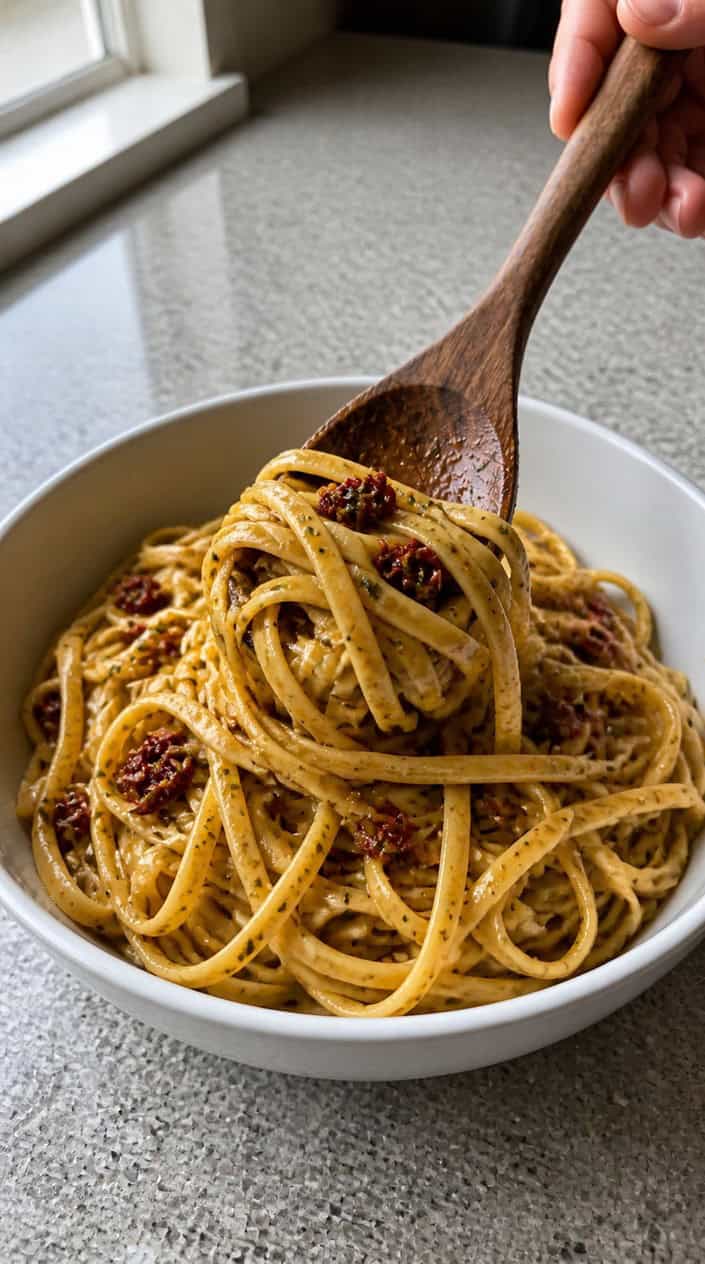 A close-up of a wooden spoon lifting glossy buttered noodles coated in a rust-red sun-dried tomato pesto from a white bowl on a wooden table