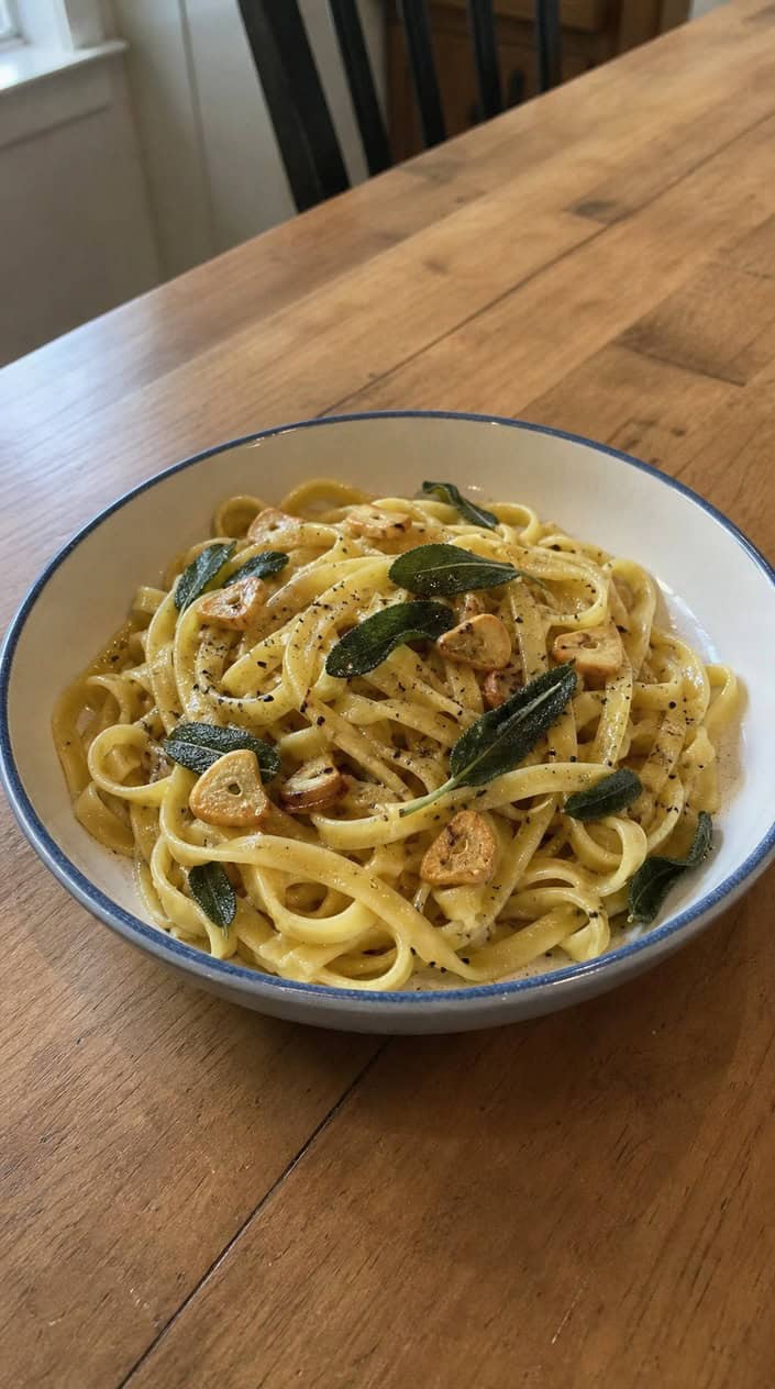 A bowl of long pasta noodles topped with thin golden garlic chips and dark green crispy sage leaves, with a small bunch of fresh sage visible in the background