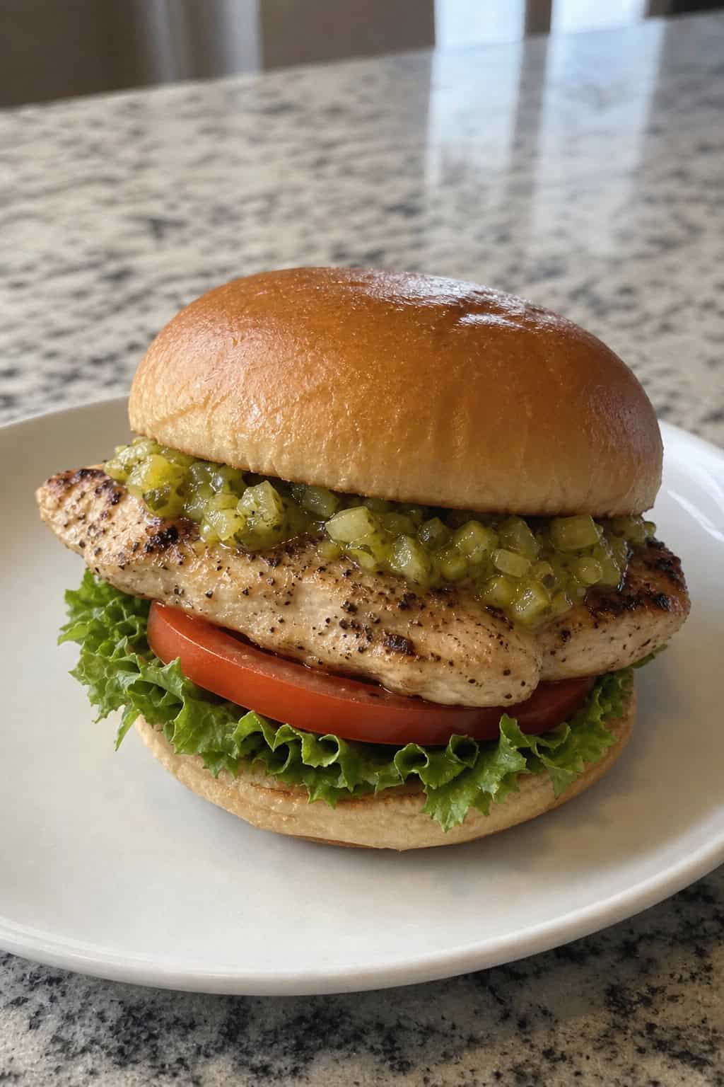A grilled chicken sandwich with pickle relish, crisp lettuce, and tomato slices on a toasted bun, served on a wooden board