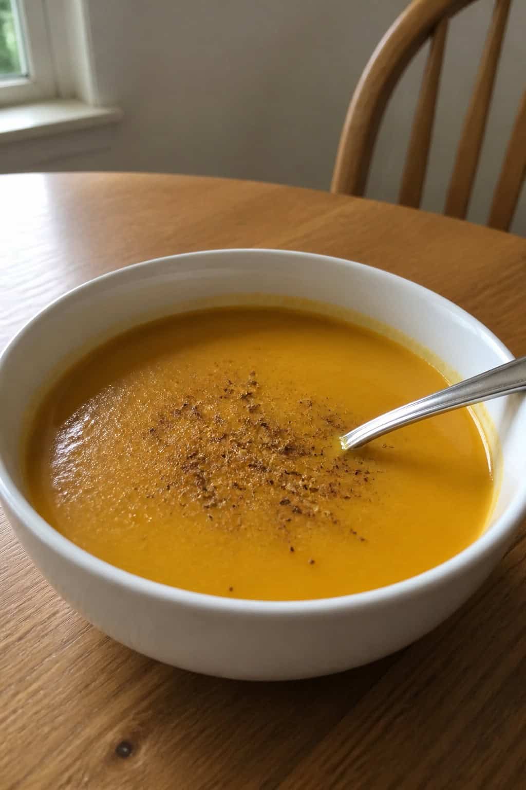 A bowl of butternut squash and apple soup garnished with nutmeg, surrounded by fresh squash, apples, and spices on a wooden table.