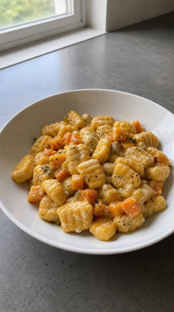 A deep ceramic bowl of gnocchi with caramelized orange butternut squash cubes, cream-coated pillowy dumplings, and three crisped sage leaves resting on top against a rough wooden surface.