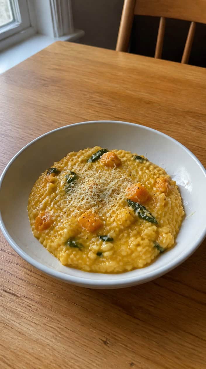 A bowl of creamy butternut squash and sage risotto garnished with fresh sage leaves and Parmesan cheese on a wooden table with fresh ingredients nearby.