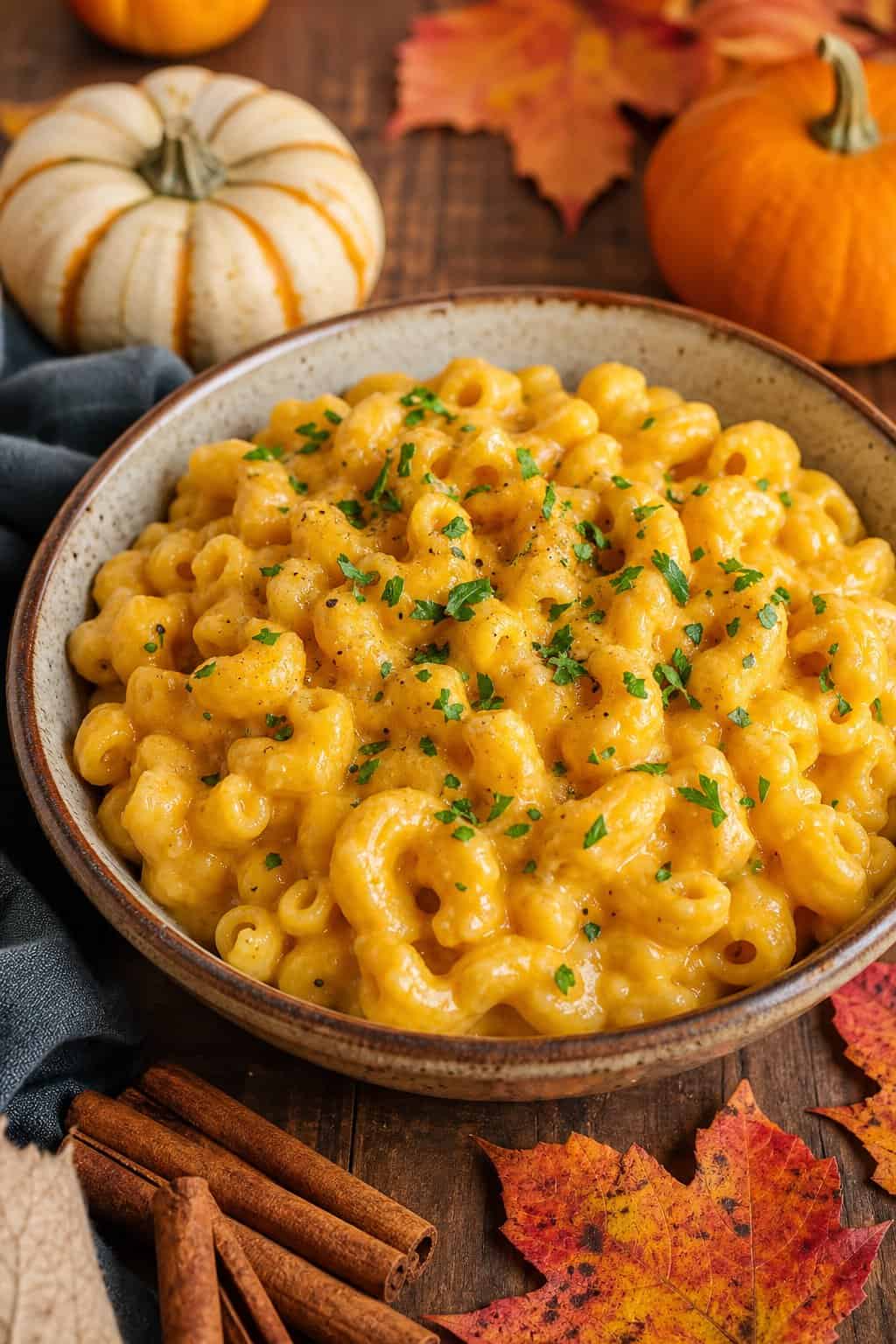 A bowl of creamy butternut squash mac and cheese on a wooden table surrounded by small pumpkins and autumn leaves.
