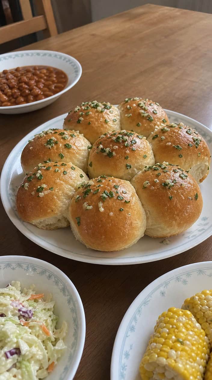 A basket of buttery garlic dinner rolls with fresh herbs on a wooden table surrounded by bowls of BBQ side dishes like coleslaw, baked beans, and grilled corn.