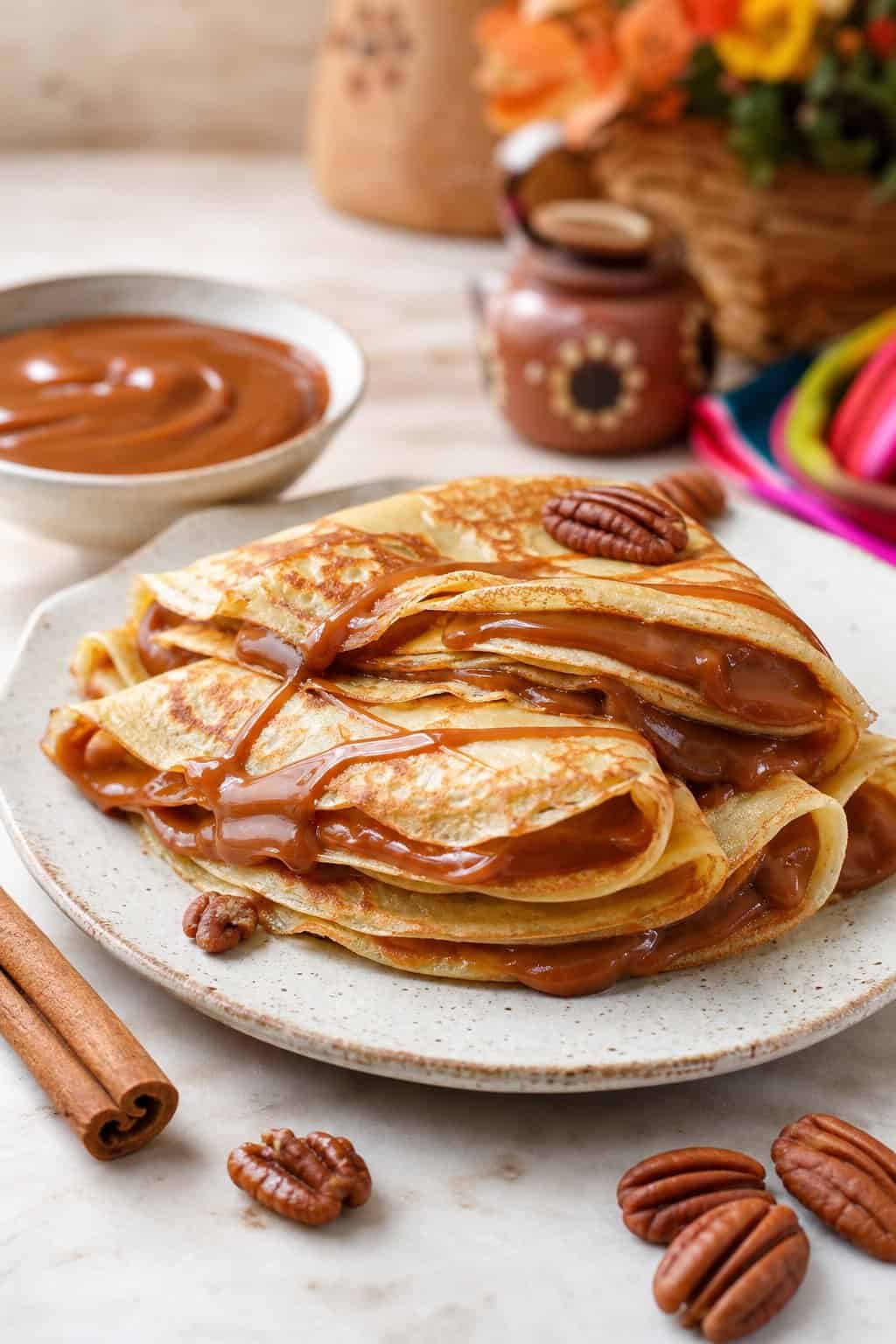 Close-up of golden crepes filled with caramel sauce on a white plate, surrounded by cinnamon sticks and pecans.