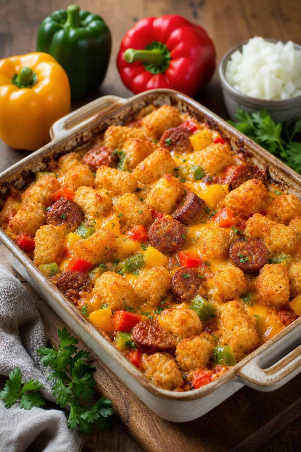 A baked brunch casserole with tater tots, sliced sausage, and colorful bell peppers in a ceramic dish on a wooden table.