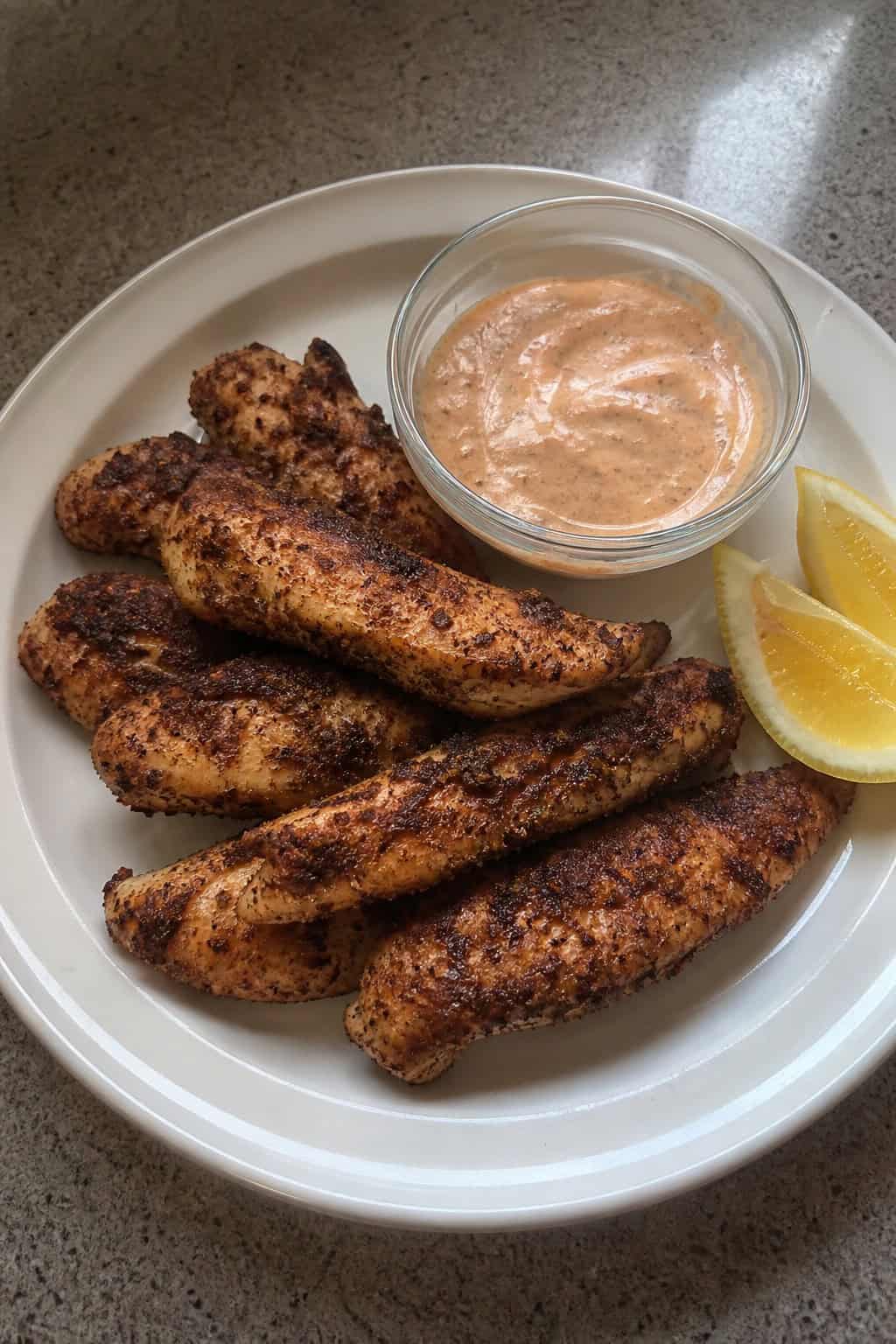 A plate of Cajun-spiced chicken tenders with a bowl of remoulade sauce and lemon wedges on a wooden table.