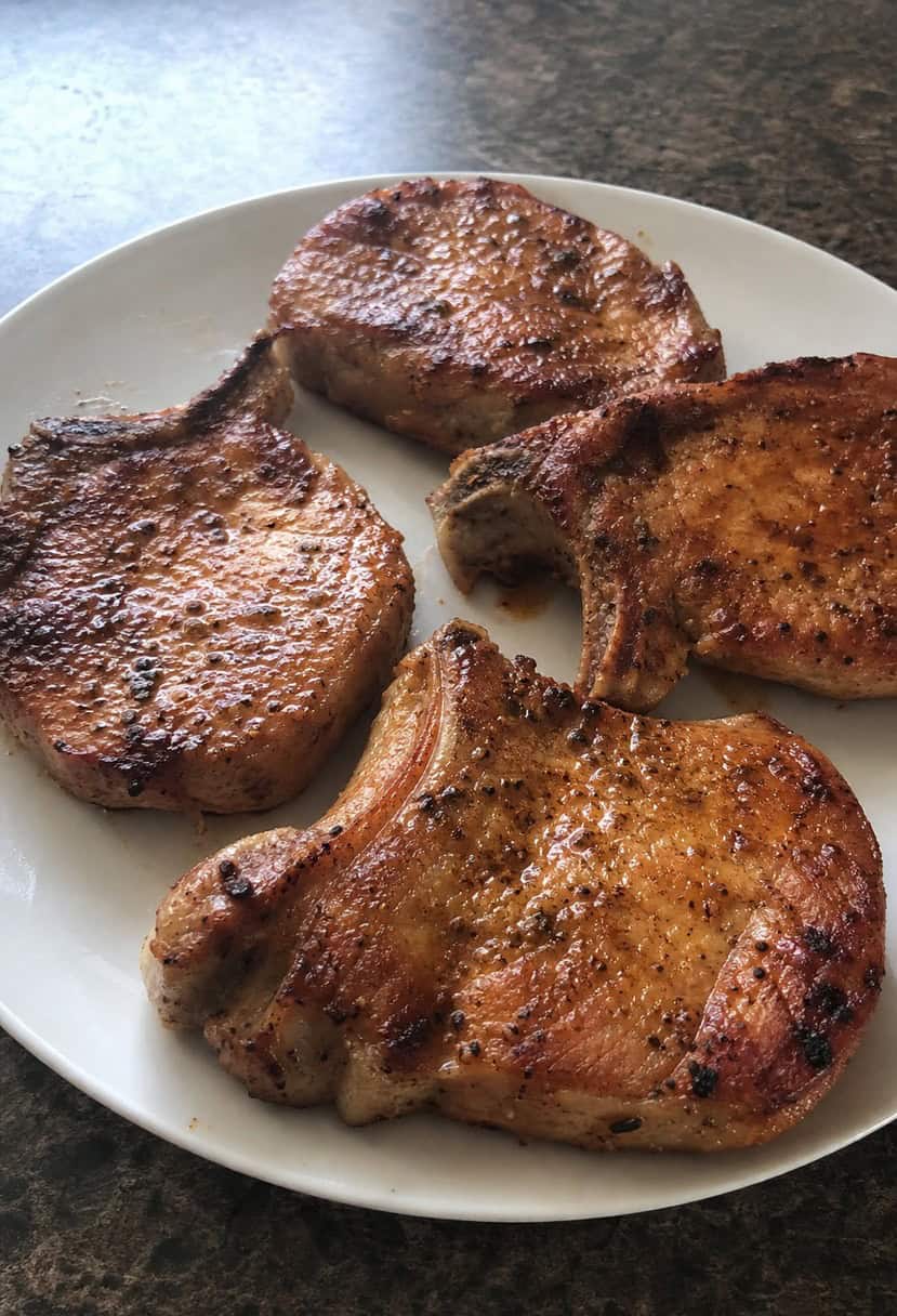 A sizzling pork chop seasoned with Cajun spices on a hot grill